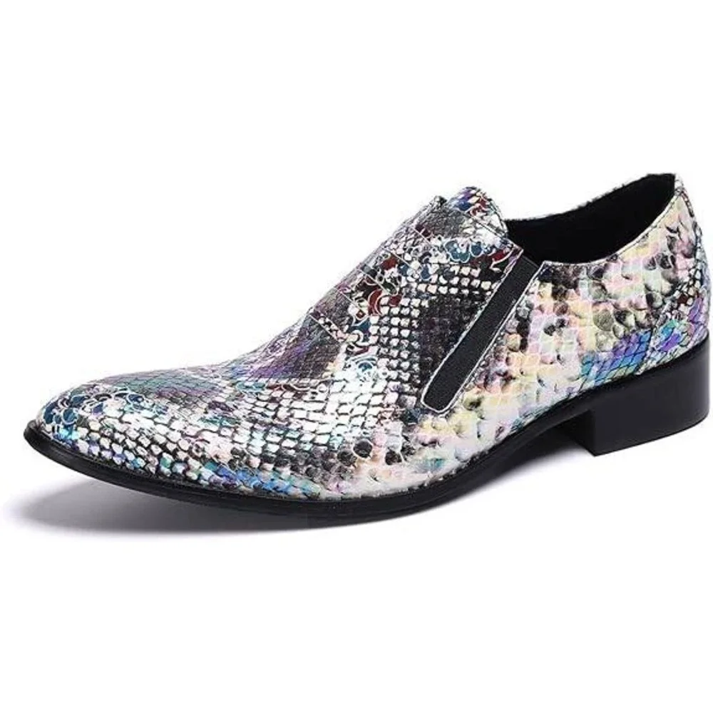 Santimon Men's US 6 Multi Purple Snake Print Leather Slip On Loafers Dress Shoes